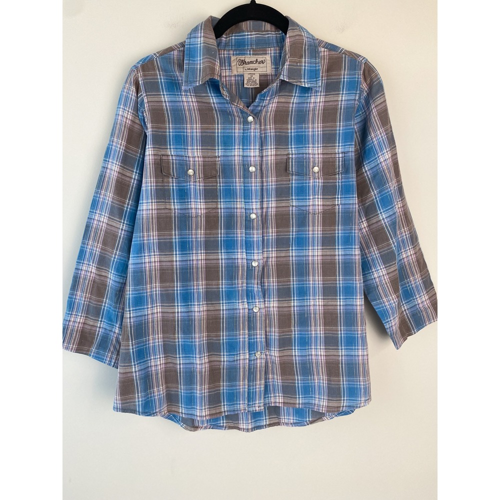 Wrancher by Wrangler Womens Plaid Pearl Snap Shirt M Blue Gold Western Button Up